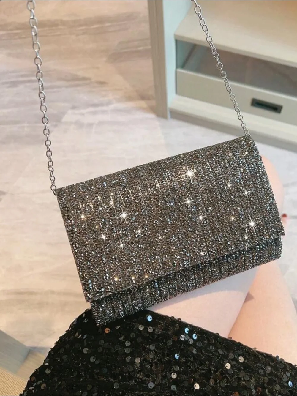 Black and Silver Rhinestone Prom Wedding Clutch Bag